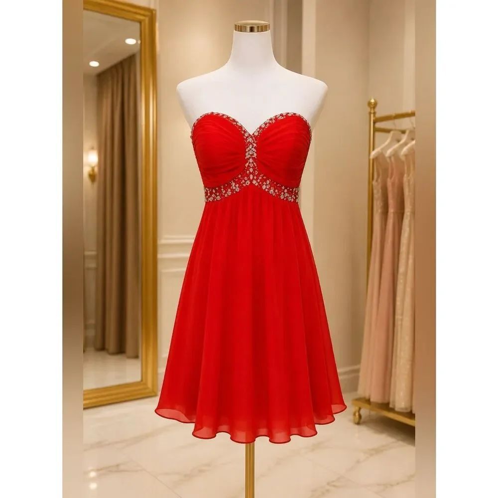 RED Chiffon Strapless Dress with 💎 Size 1/2